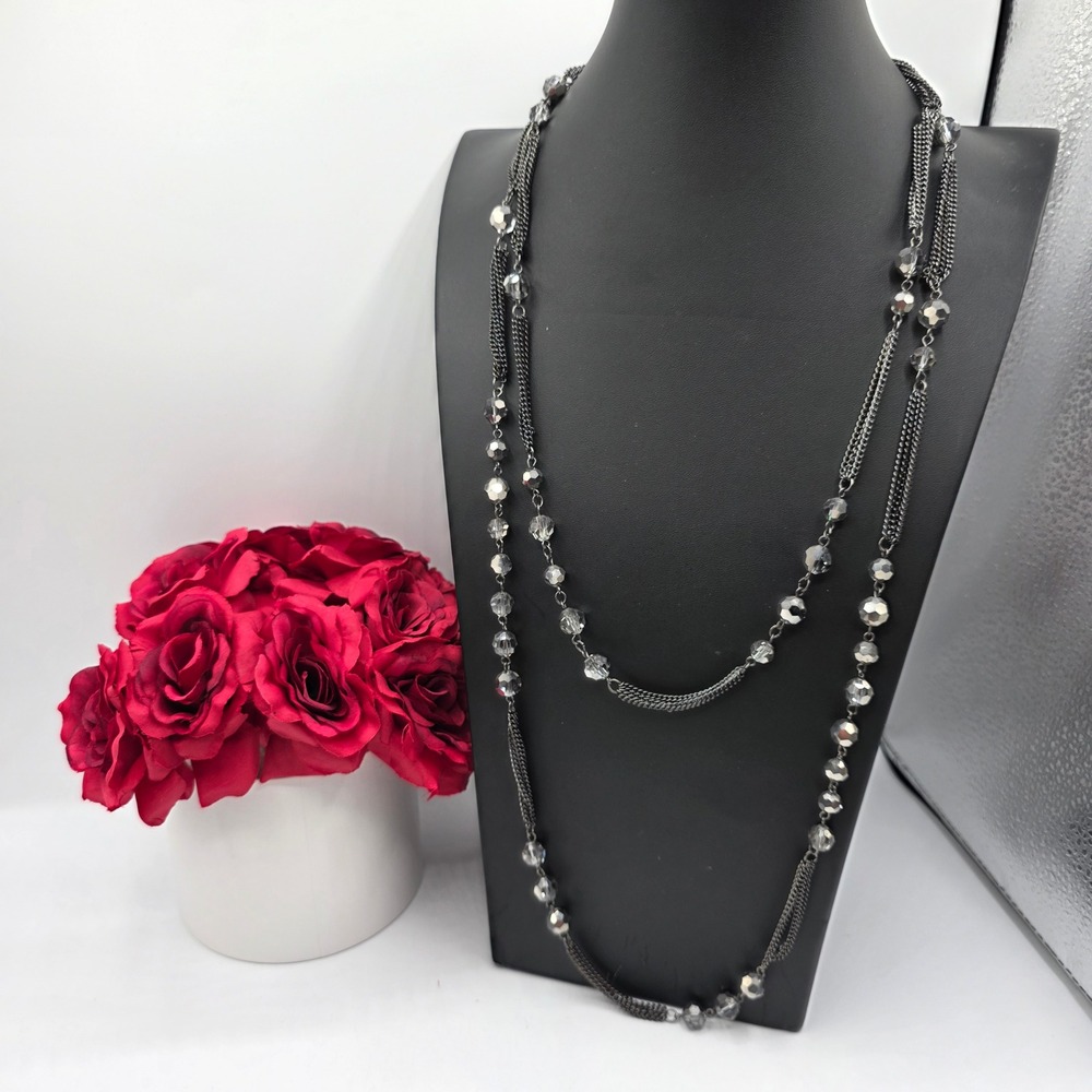 Express Gunmetal Multi Strand Long Beaded Station Necklace Grey Faceted Beads